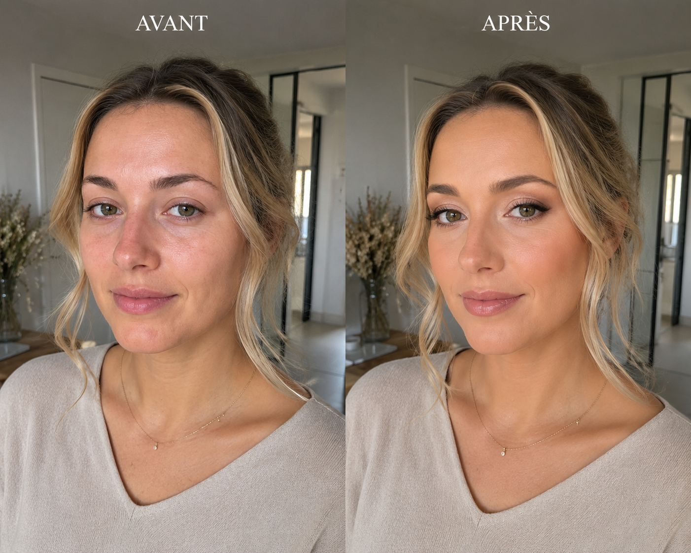 photo d'une femme avant maquillage et apres maquillage pour son essai de mariée