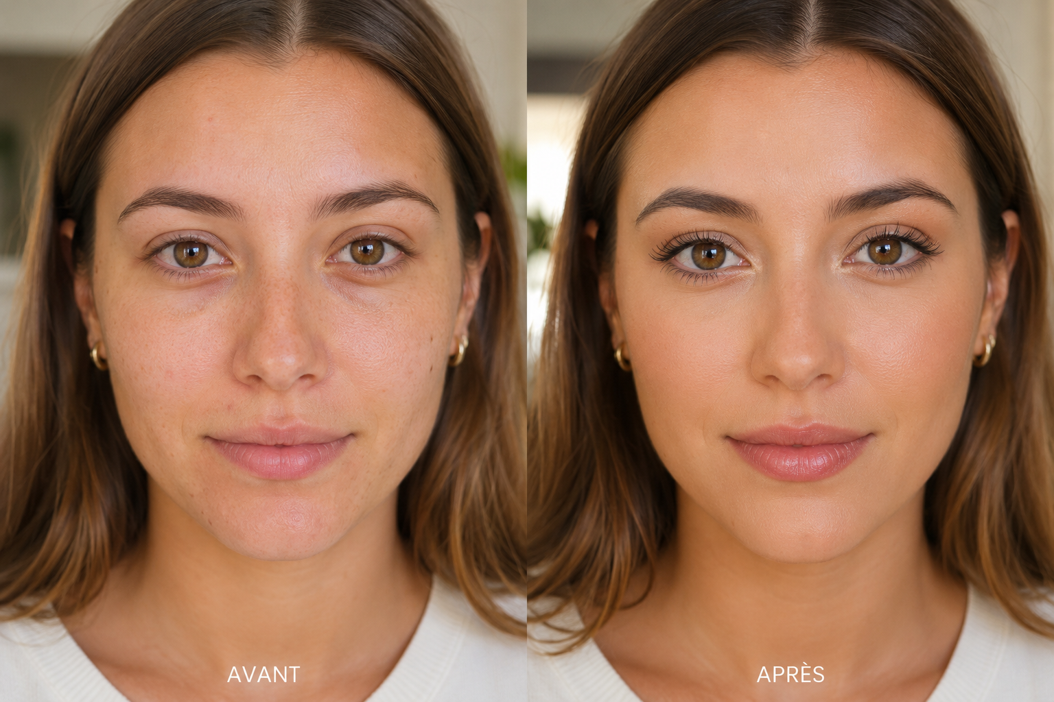 photo d'un avant apres cours d'auto maquillage à Lyon réaliser par Laura maquilleuse professionnelle